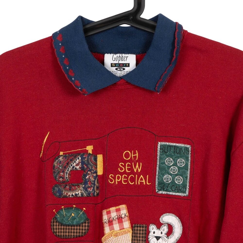 O Sew Special VTG Sweatshirt M Collar Sewing Machine Cat Buttons Embroidered - Picture 3 of 6